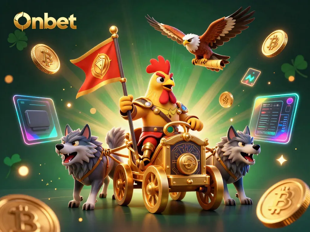 Onbet showcases thrilling gaming with a rooster warlord leading a golden chariot, surrounded by vibrant crypto elements.