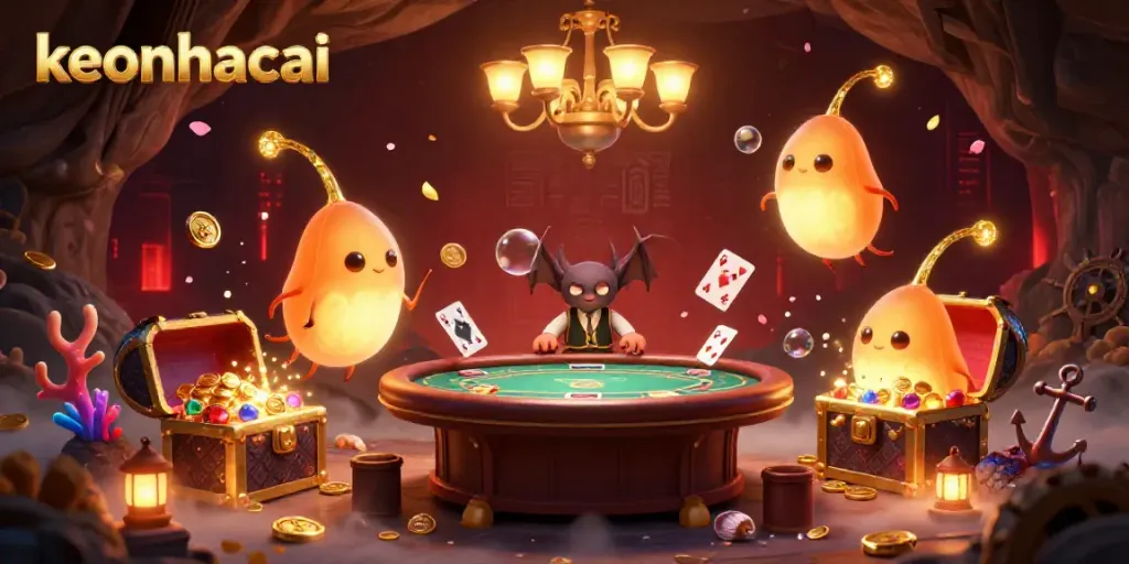 Experience vibrant gambling with keonhacai, illuminated by glowworms in a mystical cave casino.