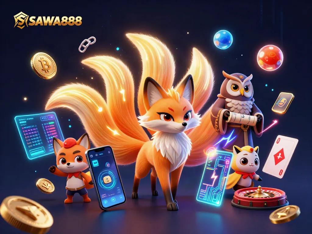 Engage with SAWA888's vibrant 3D casino arts featuring a nine-tailed fox and live casino elements.