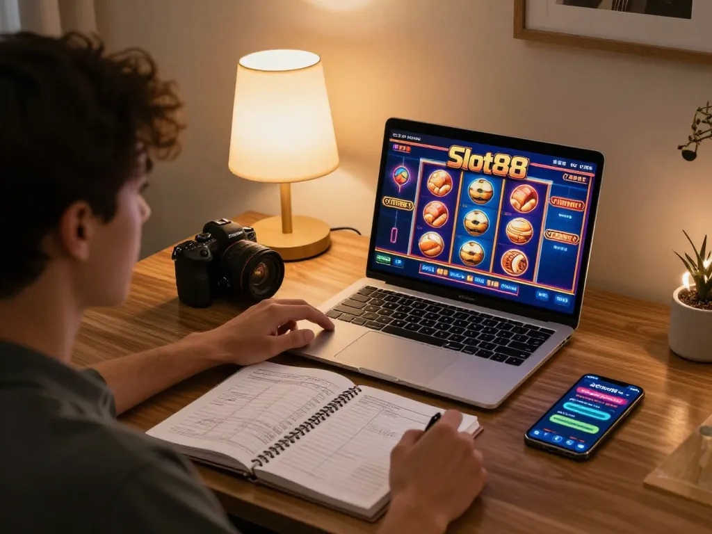 Engage with Slot88 through dynamic online gaming at home, featuring vibrant graphics and strategic notes.