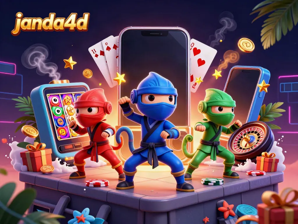 Ilustrasi 3D janda4d menampilkan ninja bunglon bertarung dengan simbol slot dalam suasana kasino.