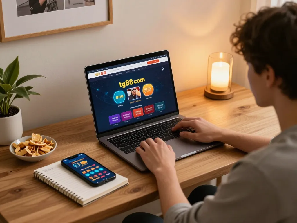 Engaging online gambling scene on tg88 com with person focused on laptop for casino gaming.
