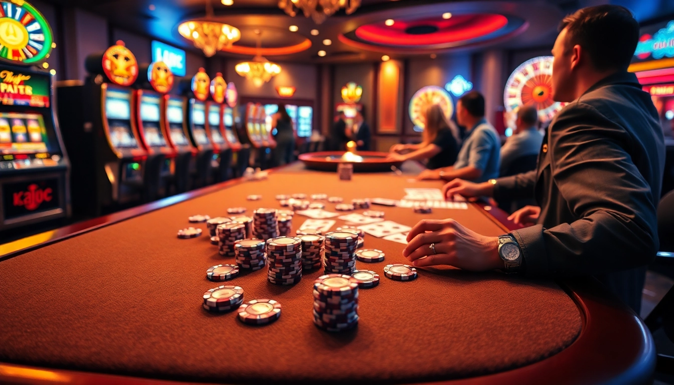KJC gaming table filled with poker chips and cards, showcasing an exciting casino atmosphere.