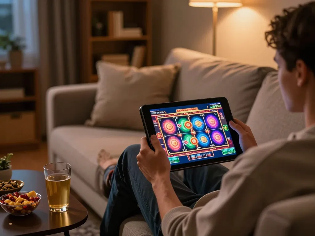 Engaged player at nhà cái cm88 enjoying online slot games on a tablet in a cozy home environment