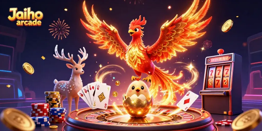 Experience Jaiho arcade's vibrant games while enjoying the thrill of cascading coins and a stunning phoenix scene.
