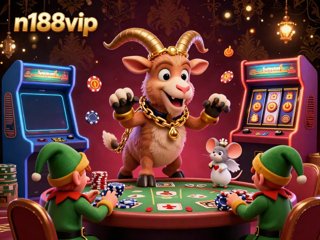 N188VIP features a vibrant casino scene where a Krampus goat oversees gaming chaos with festive elements.