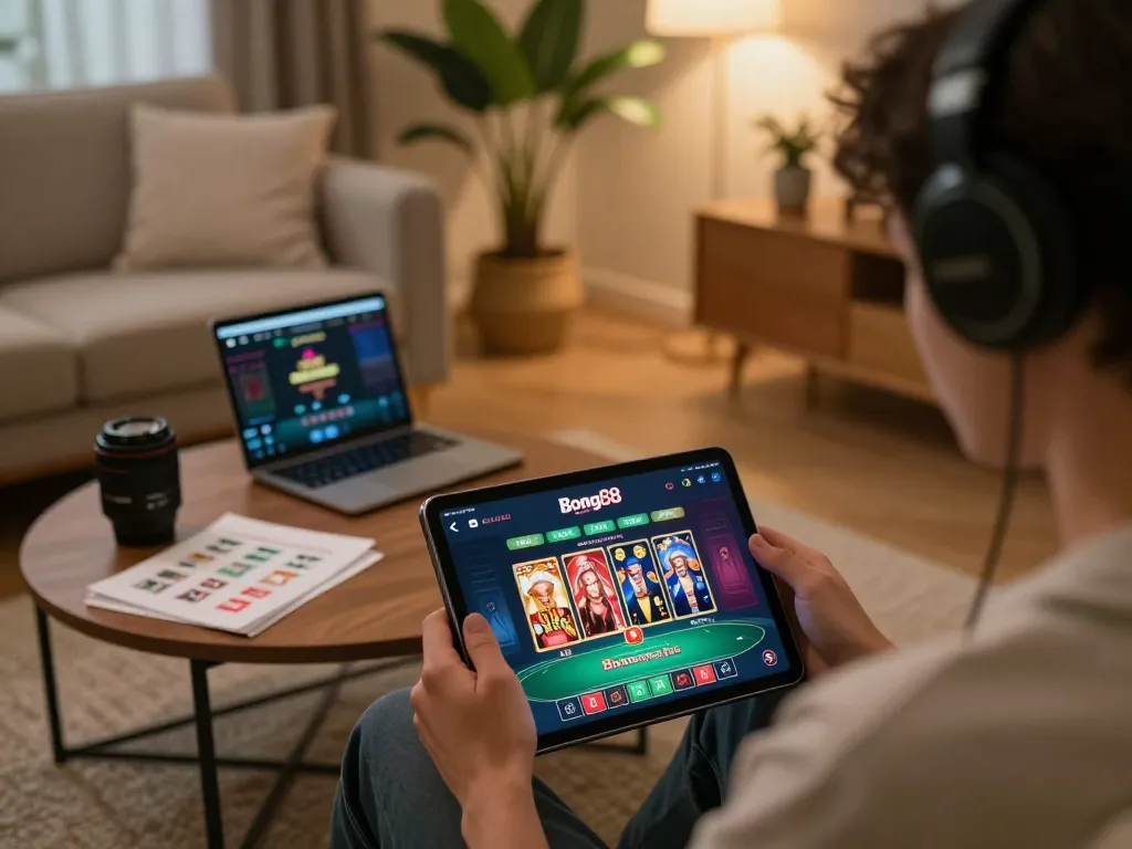 Person engaging with the Bong88 online casino app on tablet in a cozy home setting