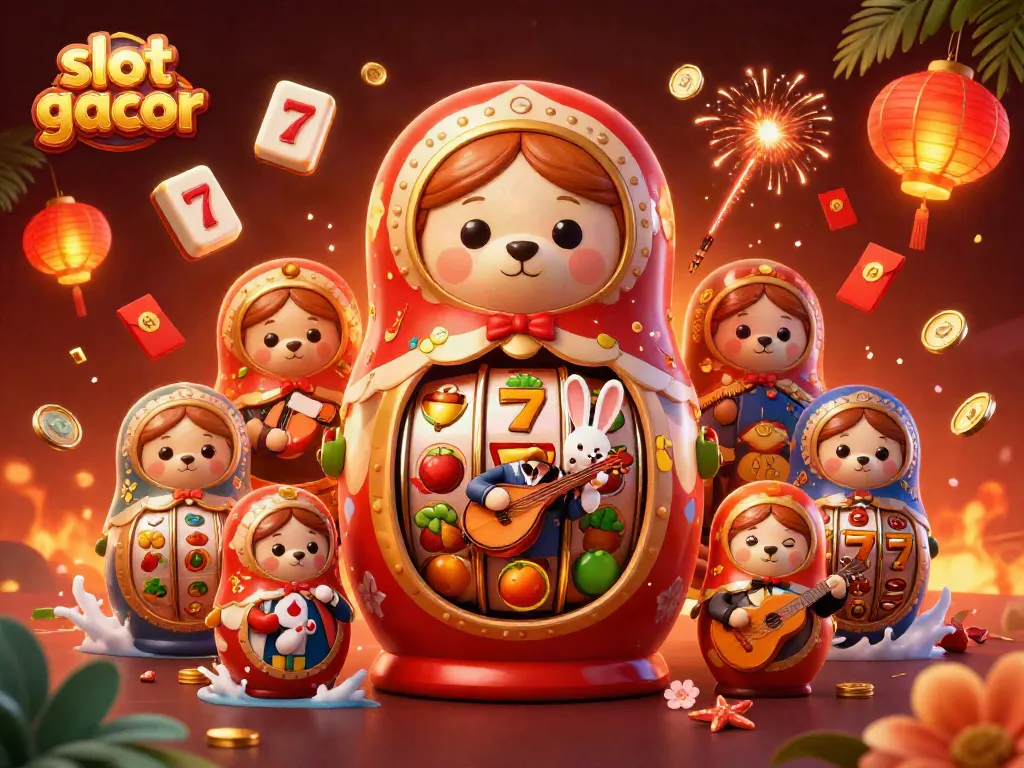 Permainan slot gacor dengan karakter Matryoshka beruang dan simbol kasino yang menarik.