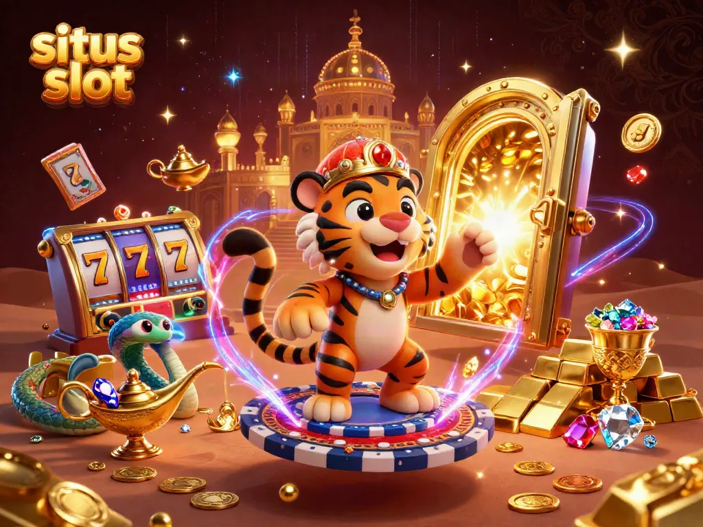 Memainkan situs slot dengan simbol jackpot dan vua di latar belakang pemandangan megah