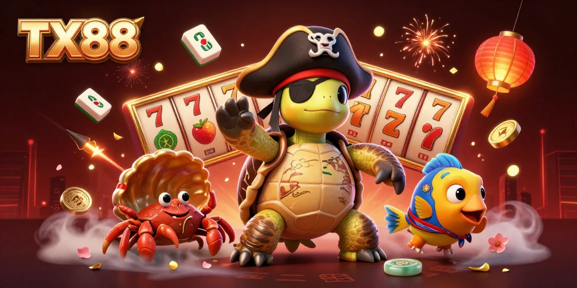 Engage with thrilling TX88 casino action featuring pirate turtle and vibrant slot elements.