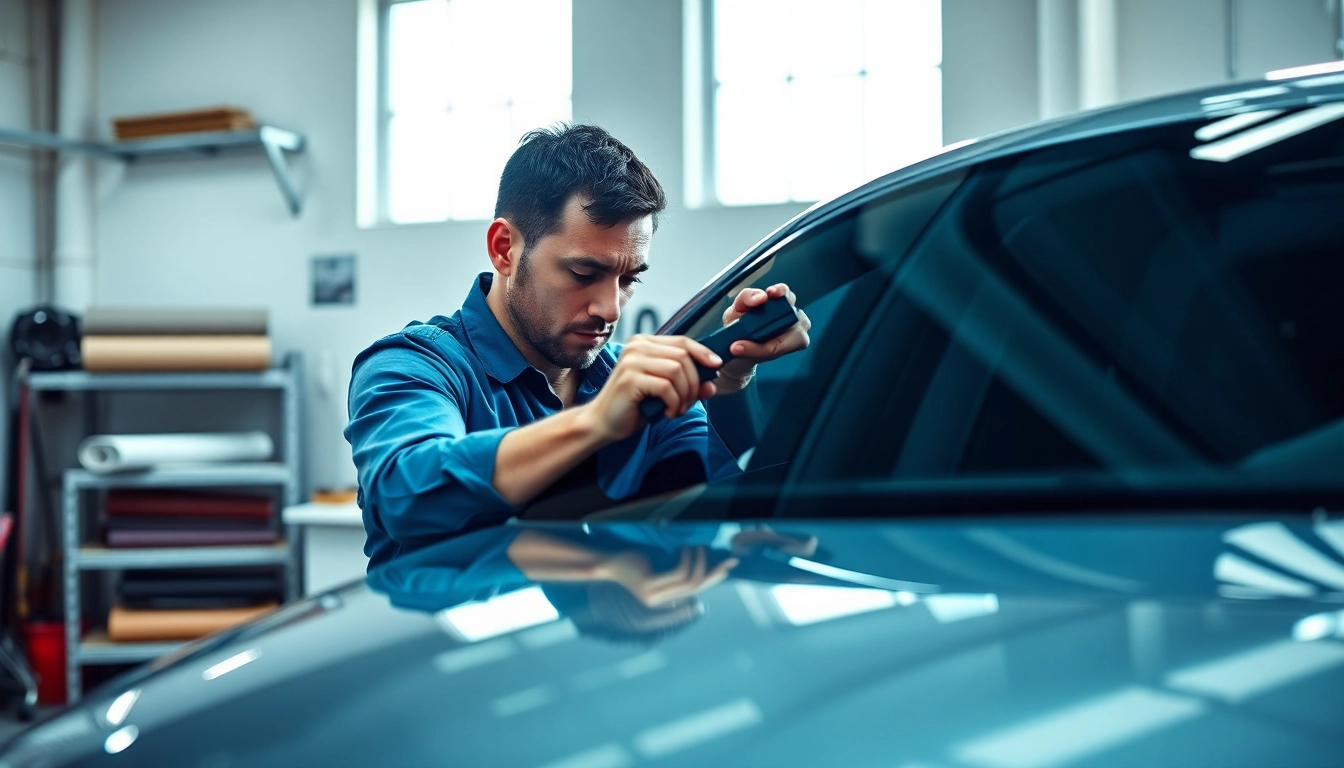 Applying auto window tint near me for enhanced vehicle aesthetics and privacy.