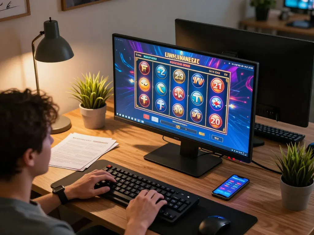 Player enjoying engaging link slot gameplay at home, showcasing modern gaming setup with strategy notes