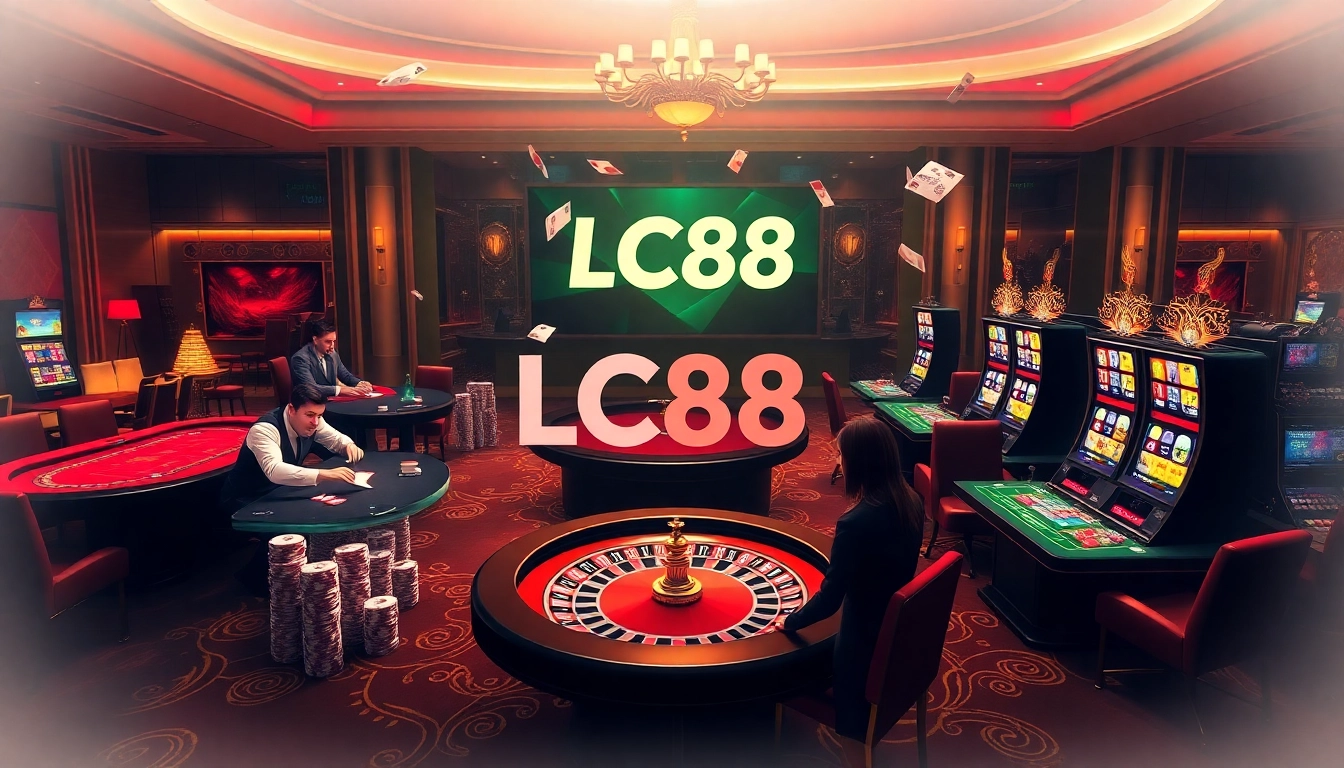 Engaged players enjoying their experience at LC88's online casino with vibrant gaming elements.