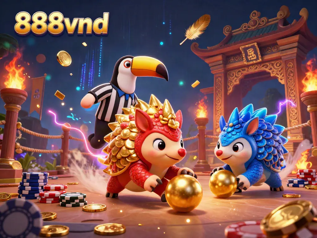 Engage in casino excitement with 888vnd's dynamic pangolins competing amidst poker chips and vibrant visuals.