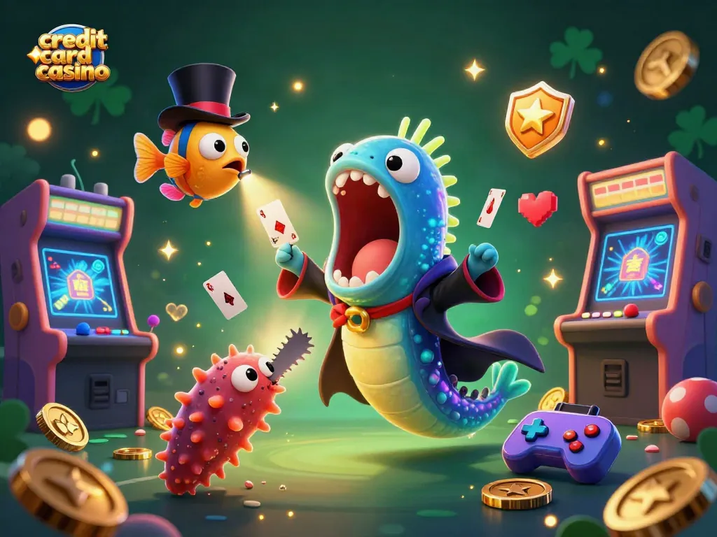 Engaging illustration of a credit card casino with a deep-sea magician eel and thrilling game elements.