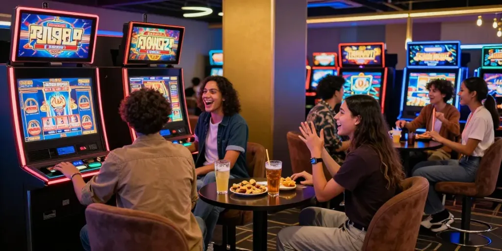 A80 slot information platform experience with friends in a vibrant casino lounge.