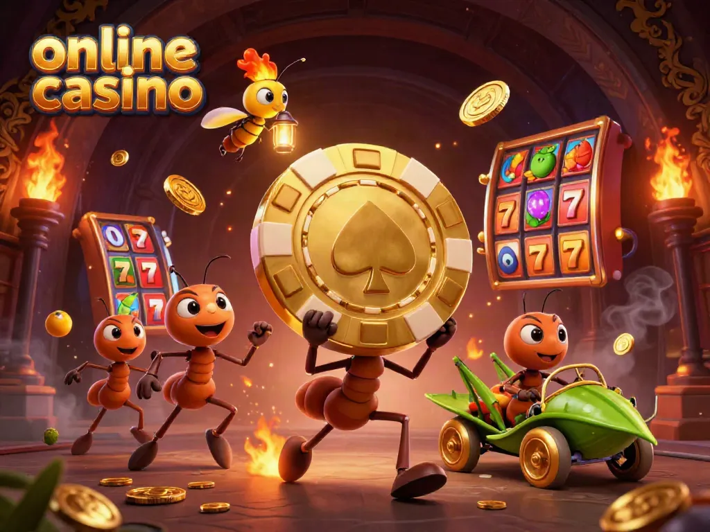 Experience an exciting scene of ants executing a heist in an online casino with golden poker chips and slot elements.