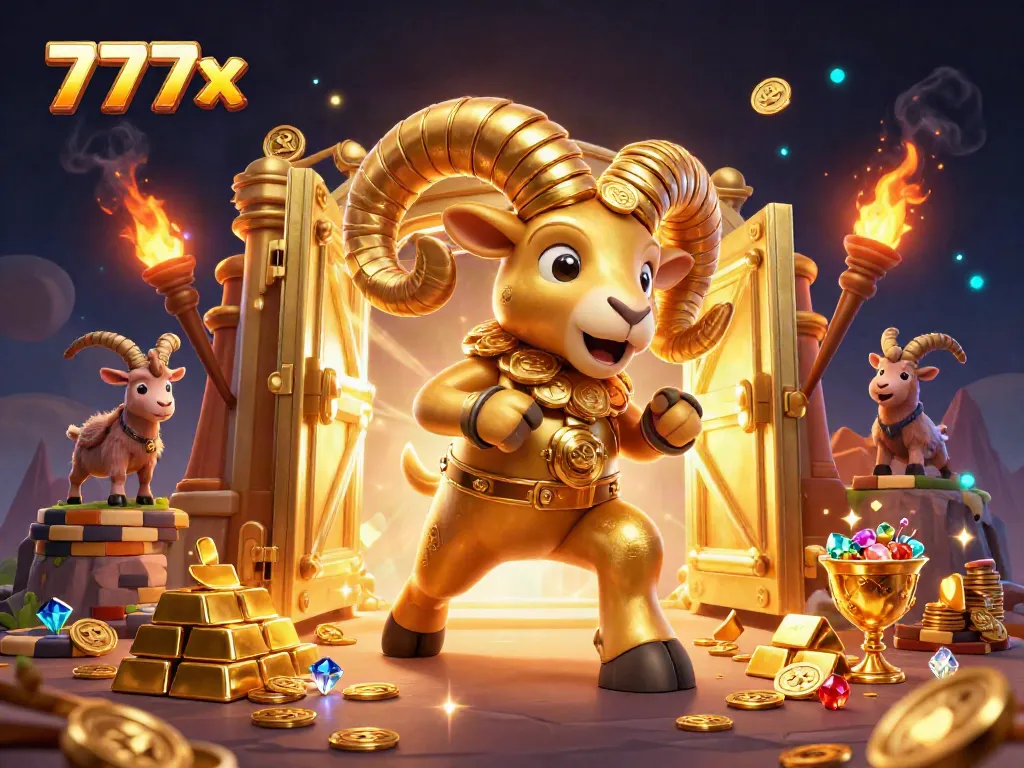 Experience the thrilling dynamics of 777x with a golden ram charging through a casino scene.