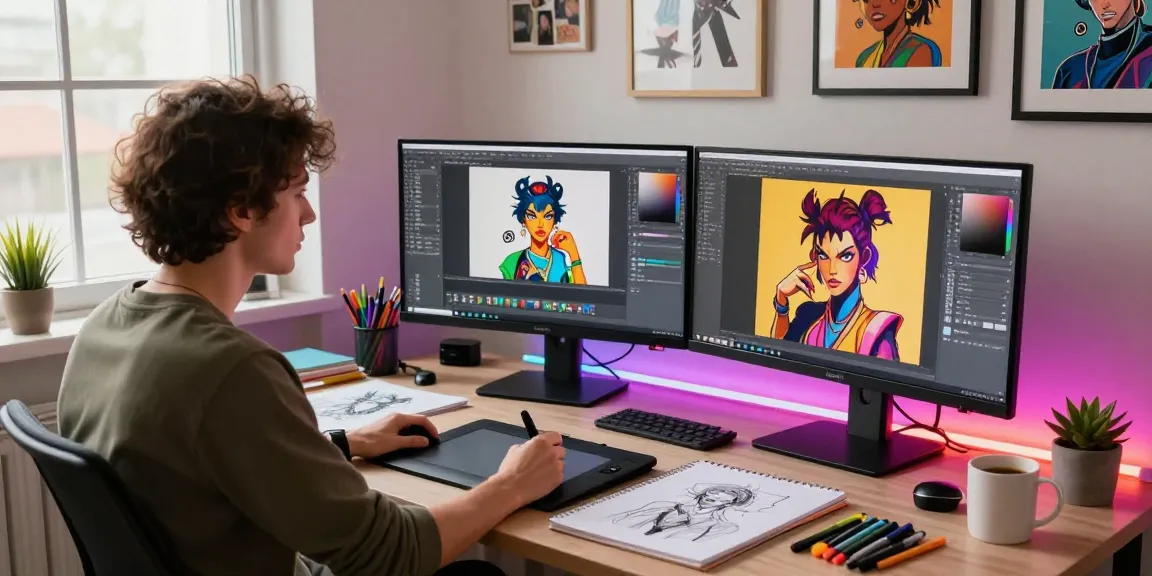 Artist creating ai nsfw digital art in a colorful studio with vibrant character designs.