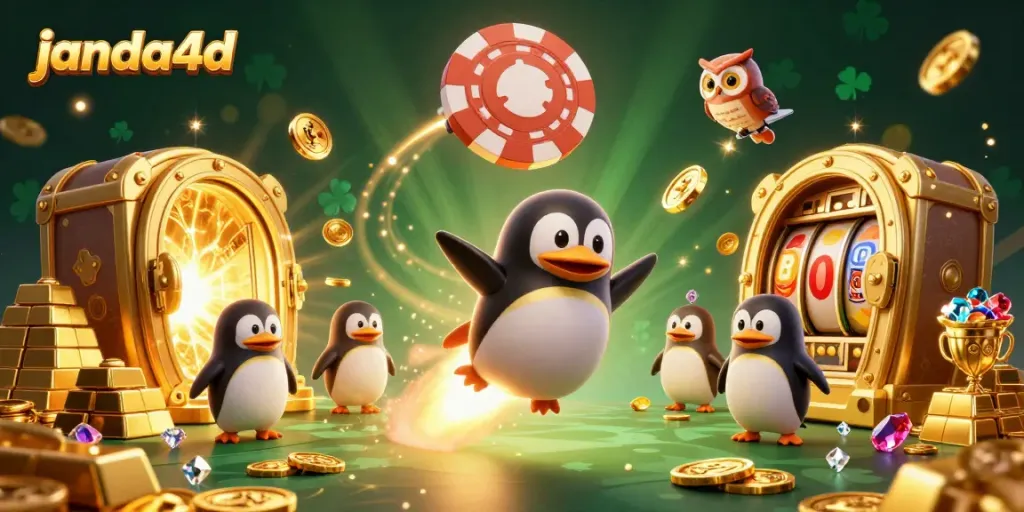 Janda4d menawarkan keajaiban slot dengan penguin emas dan kekayaan permainan kasino yang berkilauan.