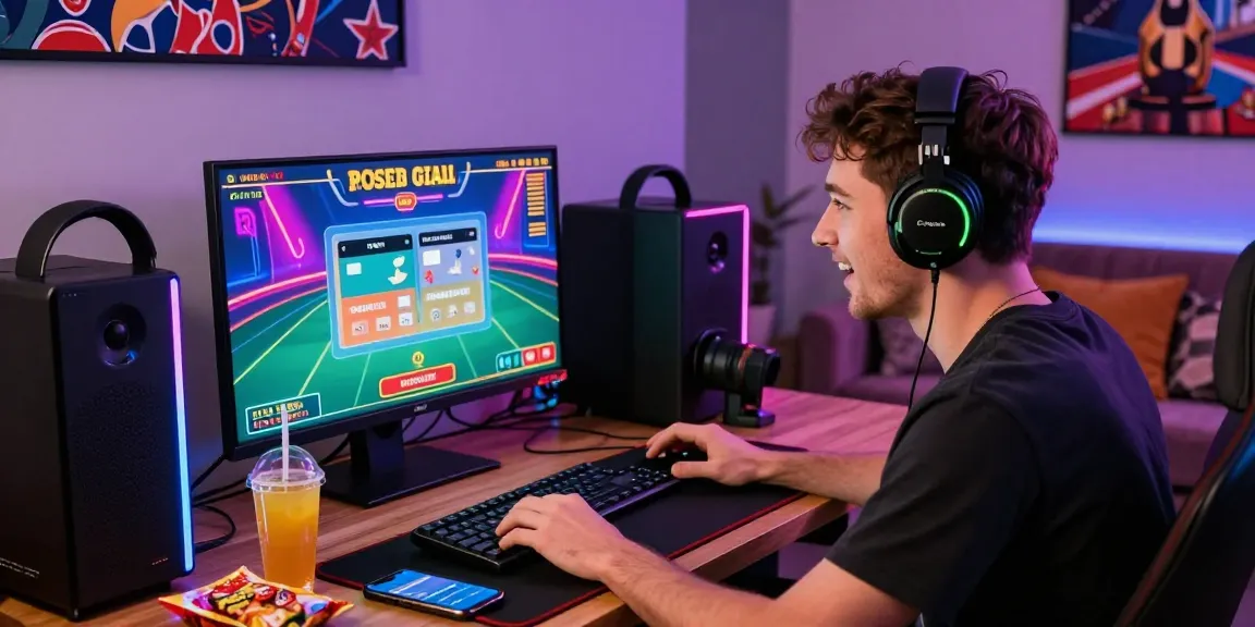 A UK player enjoying an online live casino game at home, showcasing a modern gaming setup with colorful lights and credit card options for payment.