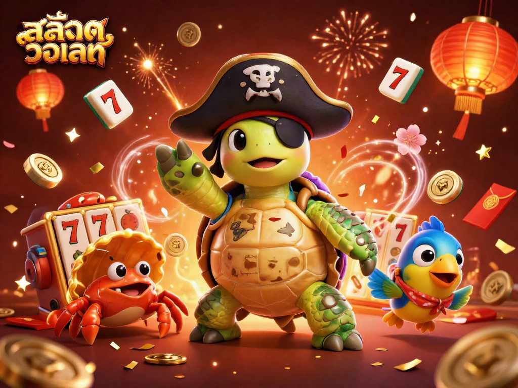 Engage with สล็อตวอเลท in a festive 3D scene featuring vibrant casino symbols and playful characters.