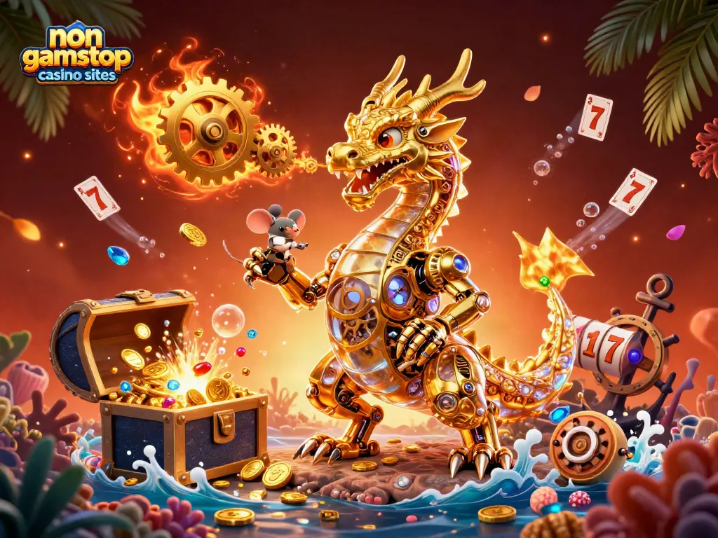 Engage with non gamstop casino sites through vibrant 3D scene featuring a golden dragon and slot elements.