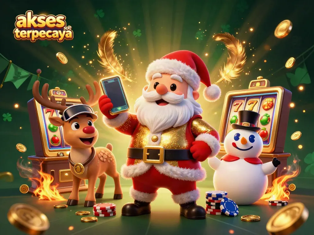 Akses link slot terpercaya dalam ilustrasi 3D ceria Santa Claus di kasino menunjukkan jackpot slots.