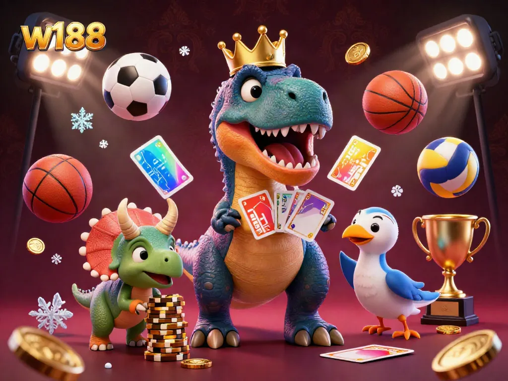 Experience thrilling gaming action at w188 with a friendly T-Rex, pterodactyl, and triceratops in an entertaining casino scene.