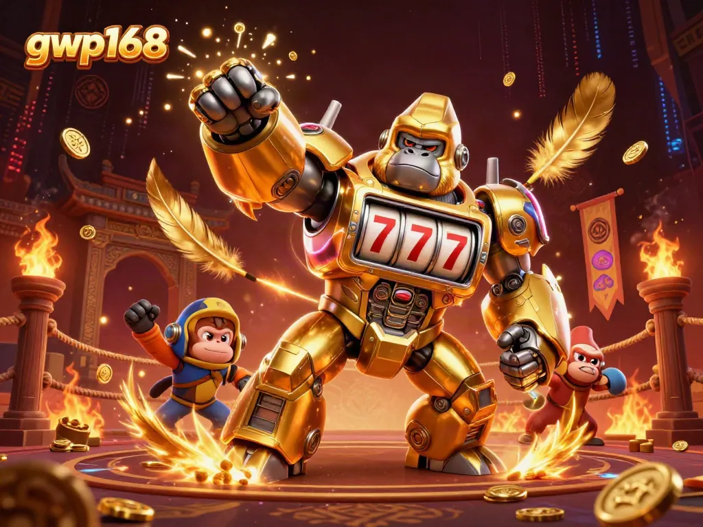 GWP168 menghadirkan ilustrasi kasino 3D memukau dengan gorila robot dan mesin slot.