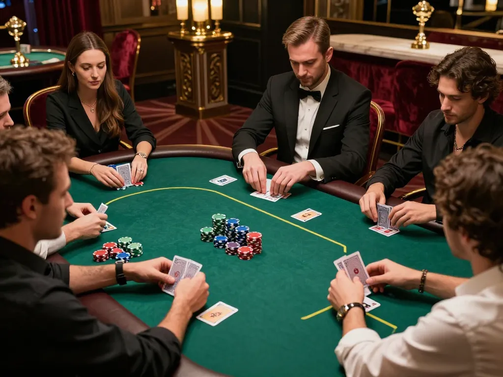 Players engaging in strategic gameplay at a GO88 poker table in a luxurious casino setting