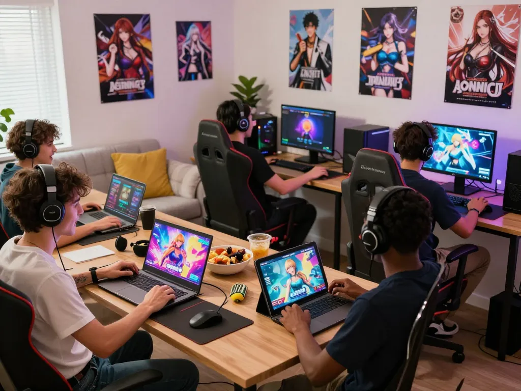 Engaged gamers enjoying a sex game on various devices in a vibrant gaming room.