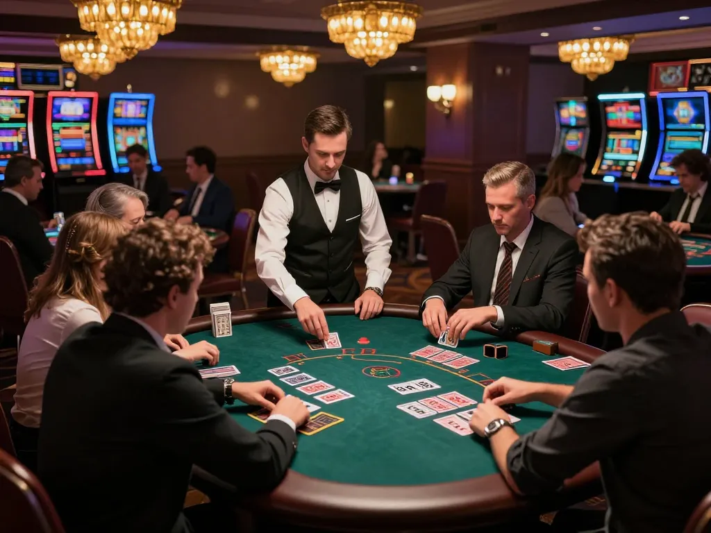 Players engage in strategic gameplay at nhà cái 98win blackjack table, showcasing excitement and luxury.