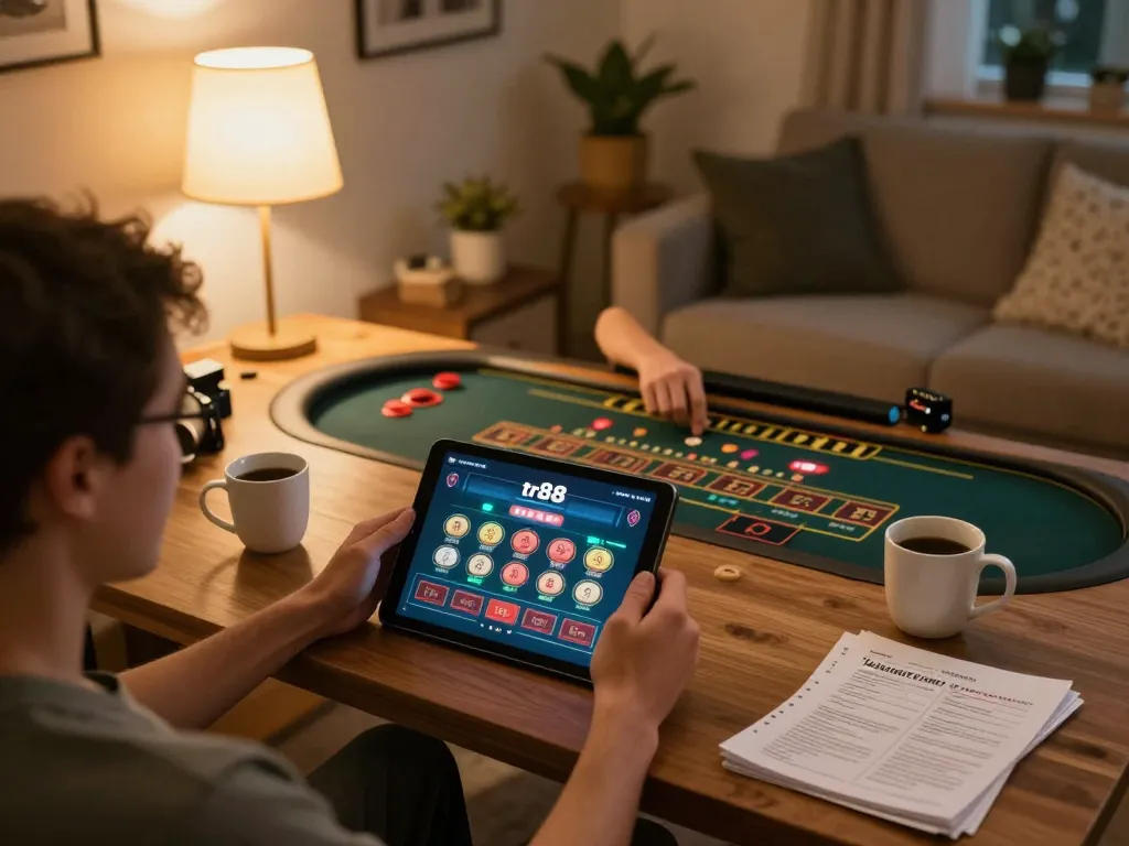 Experience the thrill of tr88 bet with a player using a tablet for online gaming.