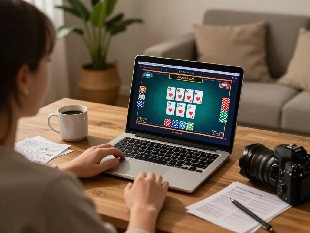 Engaged user on okfun com enjoying live dealer online casino game from a cozy home setup.