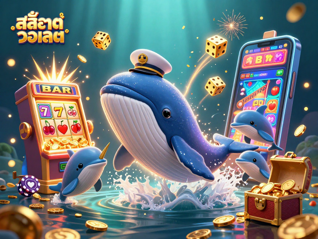Engage in thrilling สล็อตวอเลท action with whales, narwhals, and dolphins amid a vibrant casino scene.