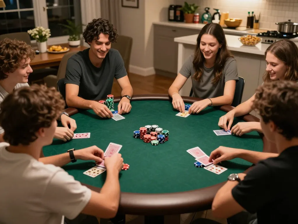 Engaged friends playing poker during a cozy home night at KO66.