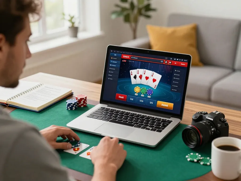 Experience the thrill of tr88 bet as a player engages in online poker strategy, showcasing the modern gaming setup.