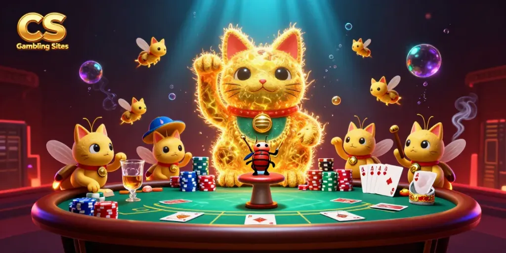 Experience the excitement of CS Gambling Sites with a vibrant illustration of a lucky cat and poker elements.