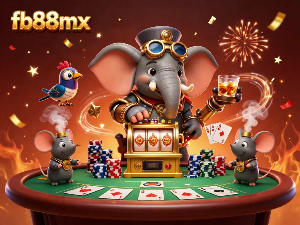 Experience the excitement of gaming at fb88mx with a dynamic steampunk illustration filled with casino elements.