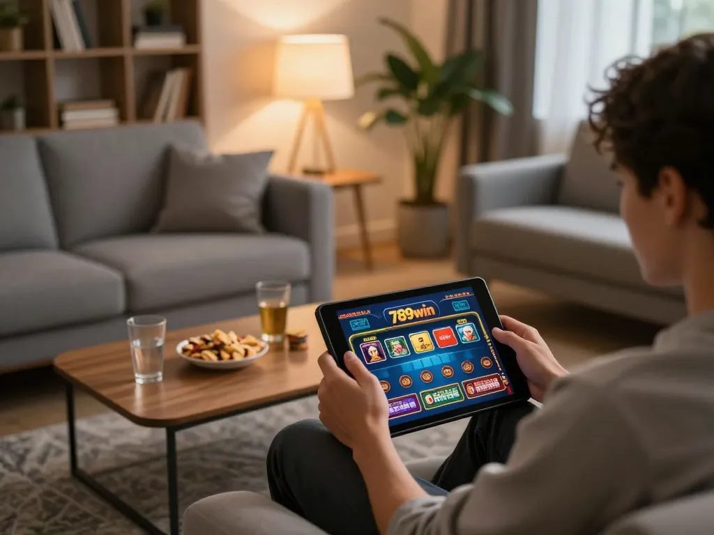 Engaging in 789win online casino games from the comfort of home, cozy living room ambiance.