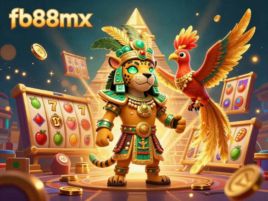 Experience thrilling jackpots with fb88mx as the Mayan jaguar priest oversees a vibrant casino featuring slot reels and lucky symbols.