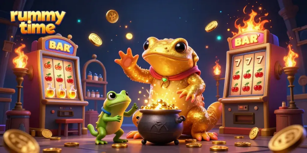 Experience rummy time through a dynamic scene featuring a gold-themed alchemist and vibrant casino elements.