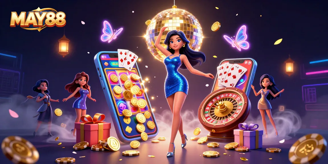 MAY88 dazzles with vibrant slot game visuals and luminous casino elements in an exciting scene