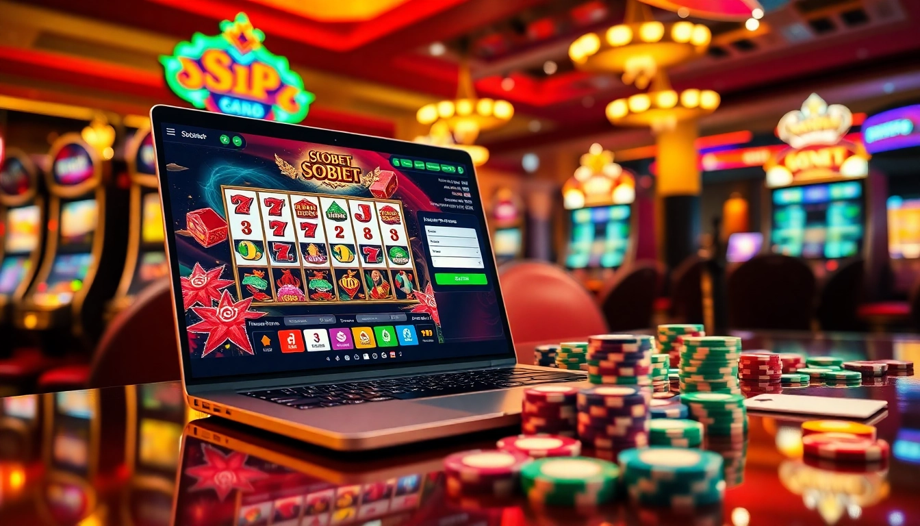 Experience sbobet login indonesia with vibrant casino visuals featuring colorful slot machines and a roulette wheel.