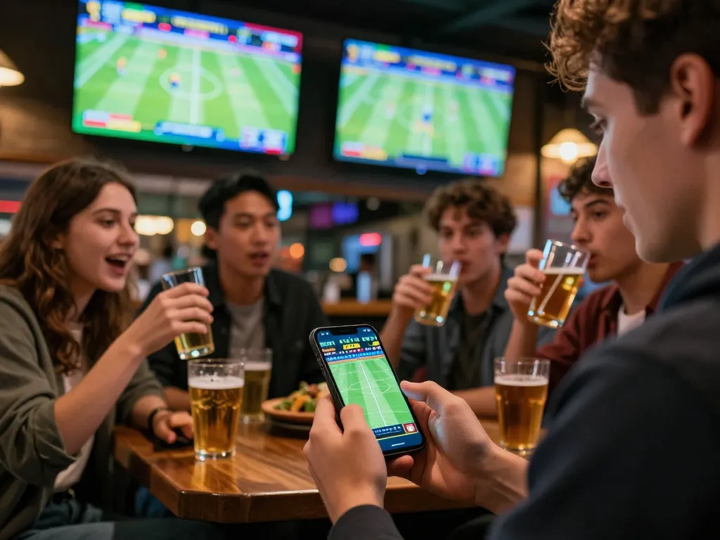 Sports bettors using luongsontv on smartphone at lively sports bar, excitement in the air.