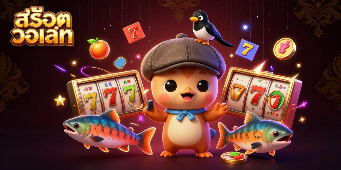 Engage with สล็อตวอเลท as playful Nessie and friends explore slot machine fun in a vibrant casino scene.