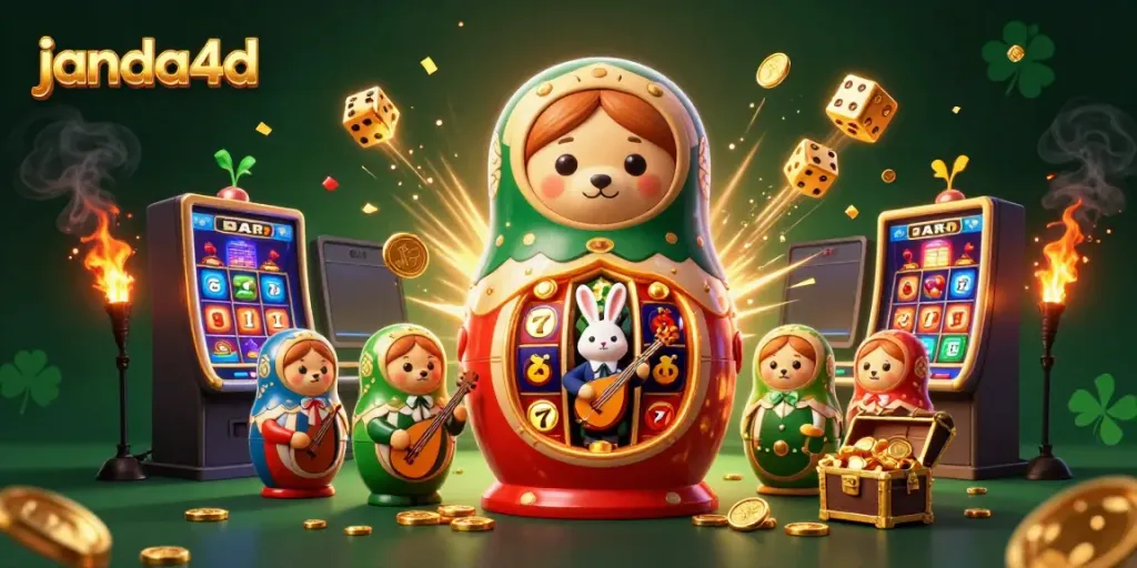 Gali jackpot besar di janda4d dengan beruang Matryoshka dan mesin slot mempesona.