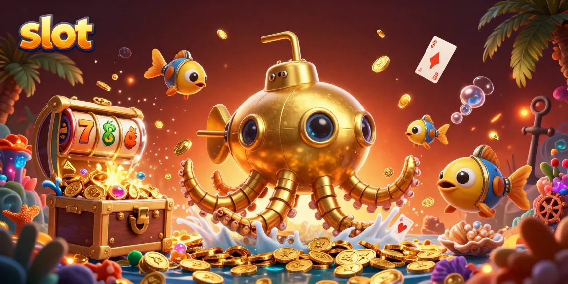 Spin winning slot games with the kraken submarine amidst golden coins and bubbling treasure.