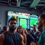 Experience Sports Betting excitement with fans at a high-tech betting kiosk showcasing live odds.